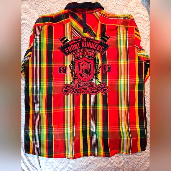 Parish Nation Powerhouse Front Runners Men's Flannel Shirt 2XL Red Plaid Patches - Picture 2 of 13